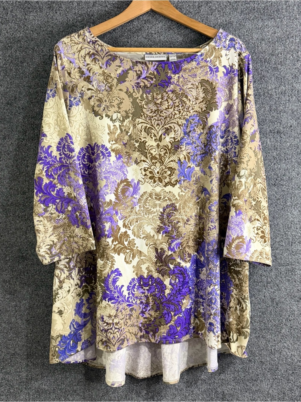 Susan Graver Top Womens XL Liquid Knit Tunic Purple Tan Floral Damask 3/4 Sleeve
